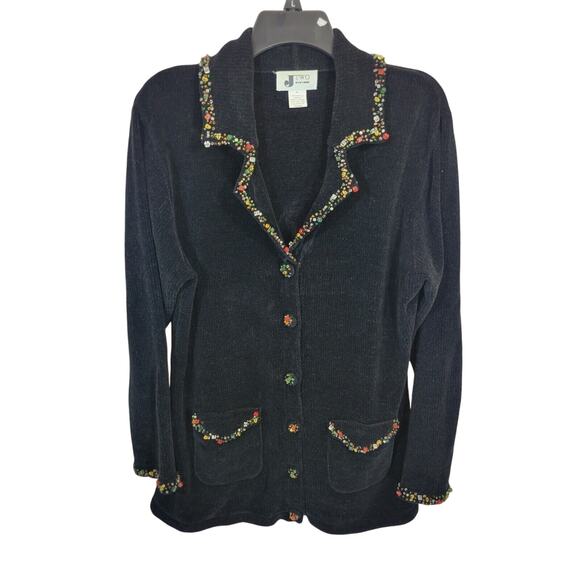 VTG J Two Black Embellished Jewel Chenille Knit Cardigan Sweater Womens Size XL - Picture 1 of 13